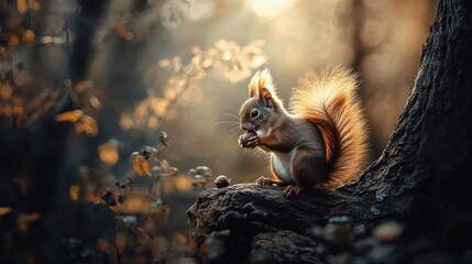 Obraz premium Red Squirrel Eating Nut In Autumn Forest Sunlight
