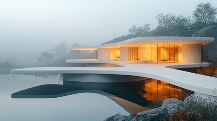 Obraz premium Modern house over water, mist, serene landscape, digital rendering