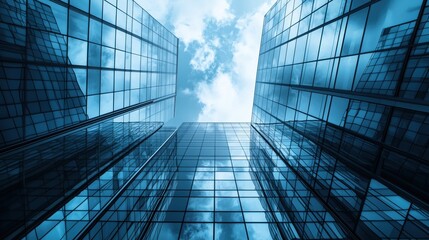 Fototapeta premium Blue Glass Skyscrapers Converging Toward a Bright Sky