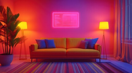 Neon living room interior design with a sofa