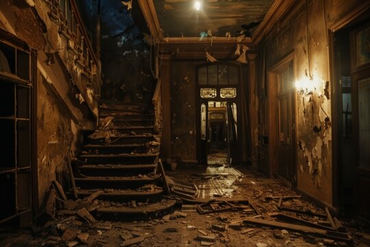 Ruined apartment of deserted hotel, old room with damaged cracked walls, abandoned house. Neural network ai generated
