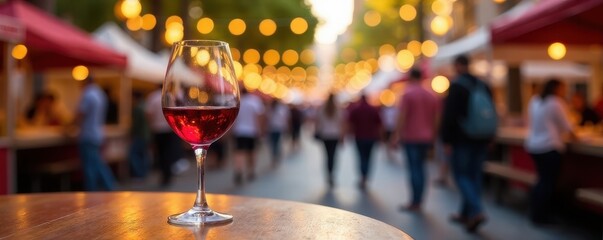 Glass of wine at a table in a crowded festive area during Feria de Abril Sevilla , festival, wine, Sevilla