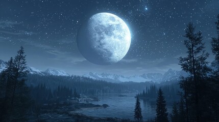 Large moon over snowy mountain lake at night