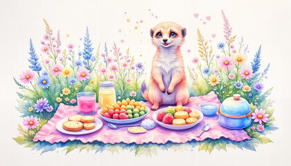 Obraz premium Cheerful meerkat enjoying picnic amidst vibrant flowers, playful joy