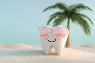Happy tooth wearing sunglasses at the beach under a palm tree during a sunny day