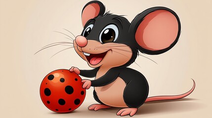 Fototapeta premium Cute cartoon mouse playing with ball, beige background, children's illustration