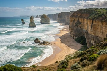 Obraz premium Coastal scene with beach, cliffs, and ocean waves, driftwood, wave, weathered wood, coastal