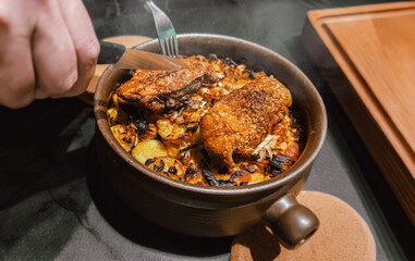 Crispy roasted duck breast with vegetables, home-made food, duck recipe