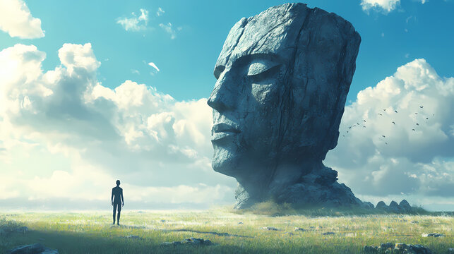 A single individual standing in a grassy area with a massive object visible in the distance. Gargantuan Statues. Illustration