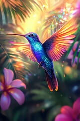 Fototapeta premium Colorful hummingbird in flight among tropical flowers during golden hour