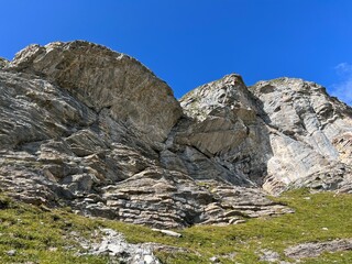 Rocks and stones above Lake Melchsee or Melch Lake and in the Uri Alps mountain massif, Melchtal - Canton of Obwalden, Switzerland (Kanton Obwald, Schweiz)