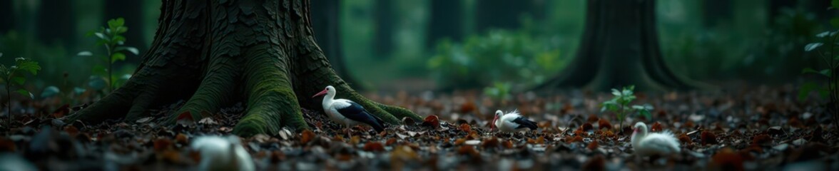 Darkened forest floor with a stork's feathers scattered around the base of a tree, tree, dark