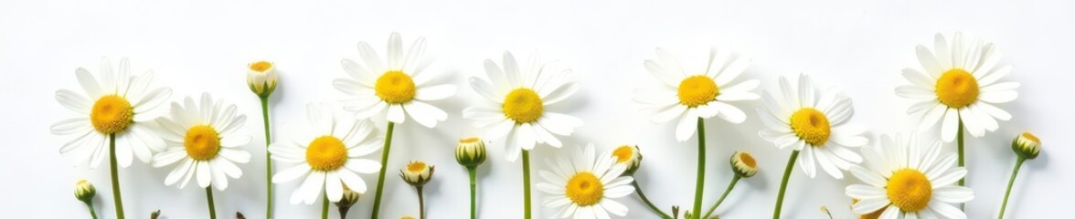 Fototapeta premium Delicate camomile flowers on white background, organic, nature, herbal