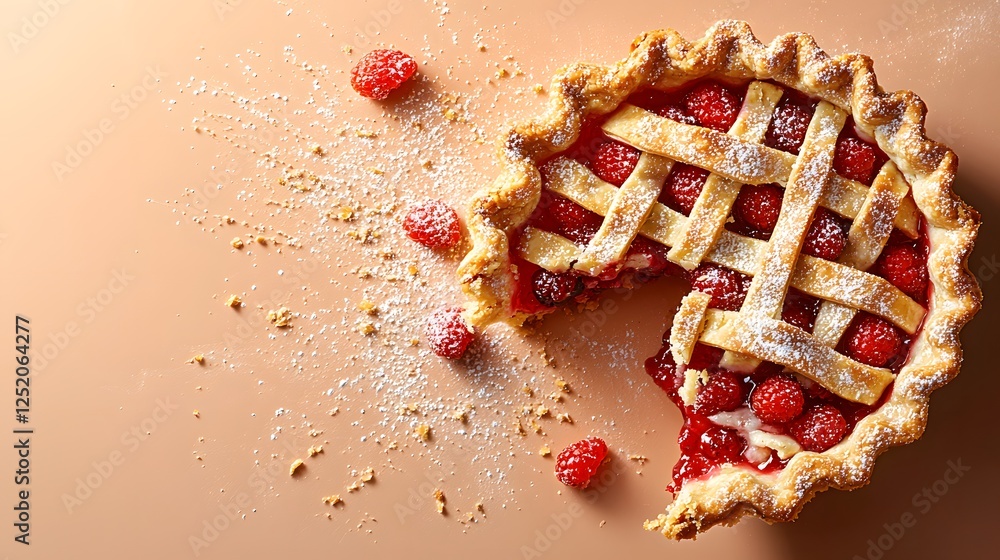 Poster freshly baked raspberry and berry pie with a lattice sugar crust on a wooden table
