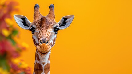 Giraffe portrait, autumn background, zoo, happy expression, wildlife photography