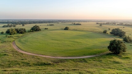 Fototapeta premium Sunrise over circular field, rural landscape, aerial view
