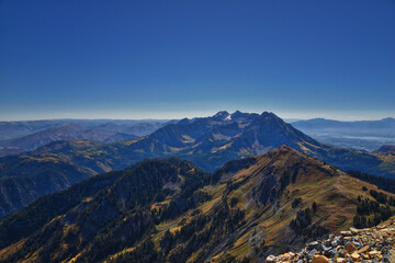 Fototapeta premium Mount Timpanogos Peak landscape view from Box Elder Peak, Wasatch Range Rocky Mountains, Uinta-Wasatch-Cache National Forest, Utah, United States