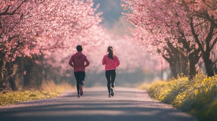 Obraz premium sweet happy Asian couple jogging together for exercise and their wellness at Fuji mountain area, Japan. 