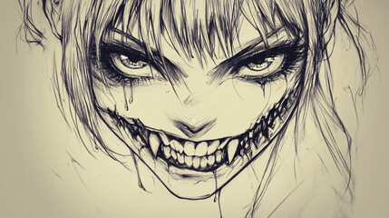 Fototapeta premium Dark and Eerie Hand-Drawn Illustration of a Sinister Figure with a Wide, Unsettling Grin, Capturing Horror and Psychological Tension