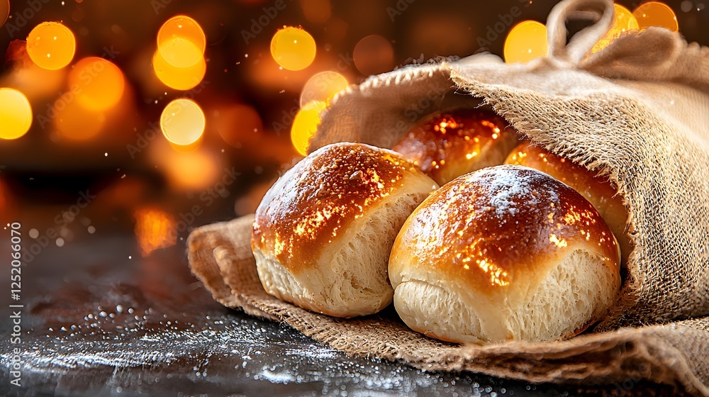 Poster two buns of bread and soft dinner rolls arranged on a wooden table for a rustic dining setting
