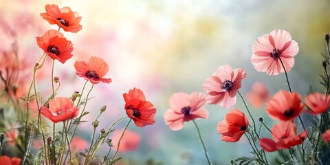 Fototapeta premium A breathtaking and stunning display of beautifully pastelcolored poppies vividly captures the essence of spring, evoking a deep sense of calmness and fragility found in natures enchanting bloom
