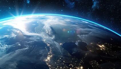 Fototapeta premium High angle view of earth, showcasing north america and surrounding regions, lit by a sunrise or sunset, with numerous stars and nebulae in the background