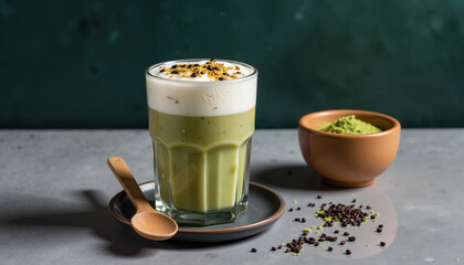 Luxurious matcha frappe presentation in modern glass, culinary artistry