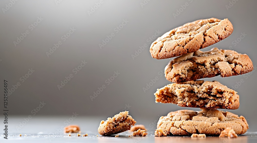 Poster stack of soft and chewy cookies on a wooden surface with a rustic background