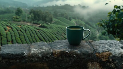 Obraz premium Peaceful Morning View with Tea Cup on Stone Wall Overlooking Lush Green Tea Plantation Landscape