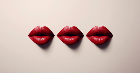 Obraz premium Three red lipstick kiss marks on a white background create a bold, graphic statement. The fun and expressive design is ideal for romantic, beauty-related visuals or promotional materials.