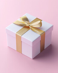 Fototapeta premium A minimalist gift box with a gold ribbon sits against a pink background. The isometric view and soft color palette of white and light purple create a chic, professional aesthetic for e-commerce.
