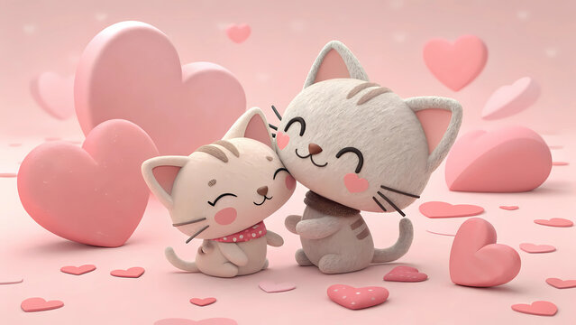 Tierna Pareja de Gatitos 3D unidos y fondo rosado de corazones