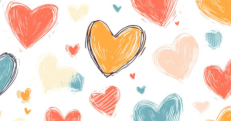 A seamless pattern of hand-drawn hearts in various sizes and colors, arranged in a heart-shaped design. The soft edges and colorful palette create a playful, hand-painted look.