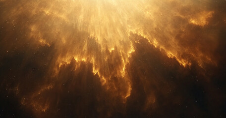 Light rays from a golden nebula shine through space, creating a heavenly, spiritual glow. The cosmic scene evokes a celestial, ethereal feeling, perfect for conveying awe and wonder.