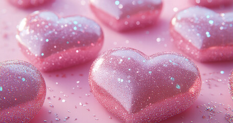 Obraz premium A pink heart with glitter on a soft pink background, evoking a romantic feel. The sparkling texture adds a playful touch, with ample space for text or creative designs, perfect for Valentine's Day.