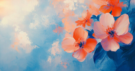 Abstract flowers in an oil painting style, with brush strokes of blue, orange, and pink accents. The atmospheric color palette and movement capture a sense of beauty and emotional intensity.