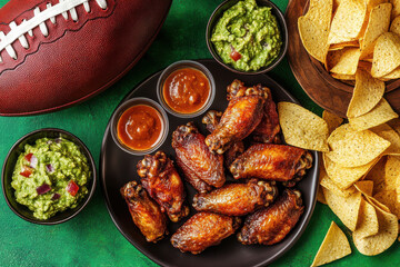 Overhead view of an American football with snacks for the match