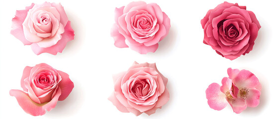 A flat lay of pink roses arranged in varying stages of bloom creates a delicate collection of floral heads on a white background, ideal for Valentine's Day projects or sophisticated floral designs.