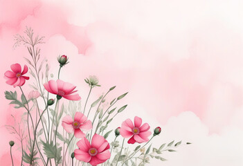 Naklejka premium Sanfte rosa Blumen und Gräser vor einem weichen pastellrosa Verlauf – ein romantisches Design in der Trendfarbe „Transcendent Pink“. Generative KI.