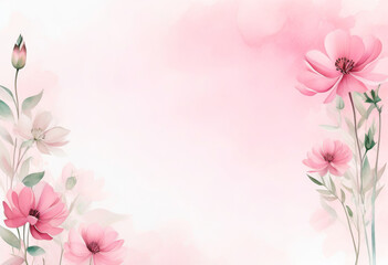 Zarte rosa Blumen mit grünen Blättern, stilvoll auf einem zarten Hintergrund mit pastellrosa Aquarellakzenten arrangiert – ein modernes Design in der Trendfarbe „Transcendent Pink“. Generative KI.