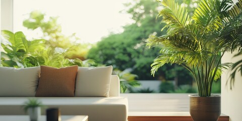 This beautiful modern living room features stylish furniture, abundant natural light, and vibrant plants, creating a calm, inviting atmosphere ideal for relaxation and entertainment