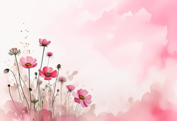 Naklejka premium Zarte rosa Blumen mit grünen Blättern, stilvoll auf einem zarten Hintergrund mit pastellrosa Aquarellakzenten arrangiert – ein modernes Design in der Trendfarbe „Transcendent Pink“. Generative KI.