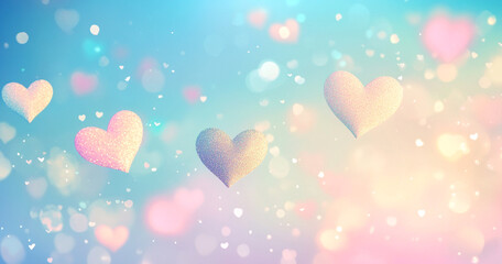 A dreamy pastel background with floating hearts in the sky creates a soft, magical atmosphere. Perfect for Valentine's Day or romantic celebrations, with a colorful, whimsical design.