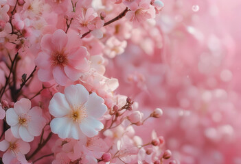 Obraz premium Ein üppiges Arrangement aus zarten rosa Blüten vor einem schimmernden, pastellrosa Hintergrund – luxuriös und romantisch in der Trendfarbe „Transcendent Pink“. Generative KI.