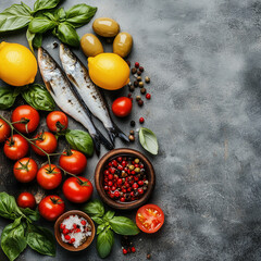 Fish and Vegetables on a Gray Background, View from Above with Copy Space