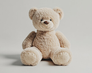 Obraz premium A light brown teddy bear with closed eyes and open legs sits on the ground, creating a comforting vibe. The simple background enhances the peaceful, endearing nature of the scene.