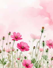 Naklejka premium Sanfte rosa Blumen und Gräser vor einem weichen pastellrosa Verlauf – ein romantisches Design in der Trendfarbe „Transcendent Pink“. Generative KI.