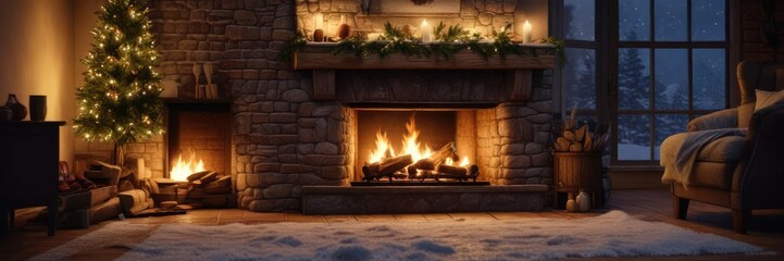 Cozy fireplace on a snowy Christmas Eve night, snow, warm glow