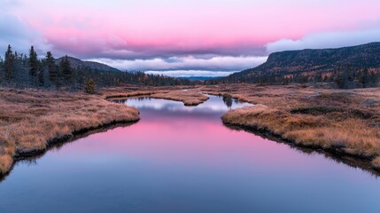 Fototapeta premium Pink sunset reflects on calm autumn river, mountain backdrop