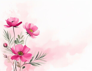 Naklejka premium Zarte rosa Blumen mit grünen Blättern, stilvoll auf einem zarten Hintergrund mit pastellrosa Aquarellakzenten arrangiert – ein modernes Design in der Trendfarbe „Transcendent Pink“. Generative KI.